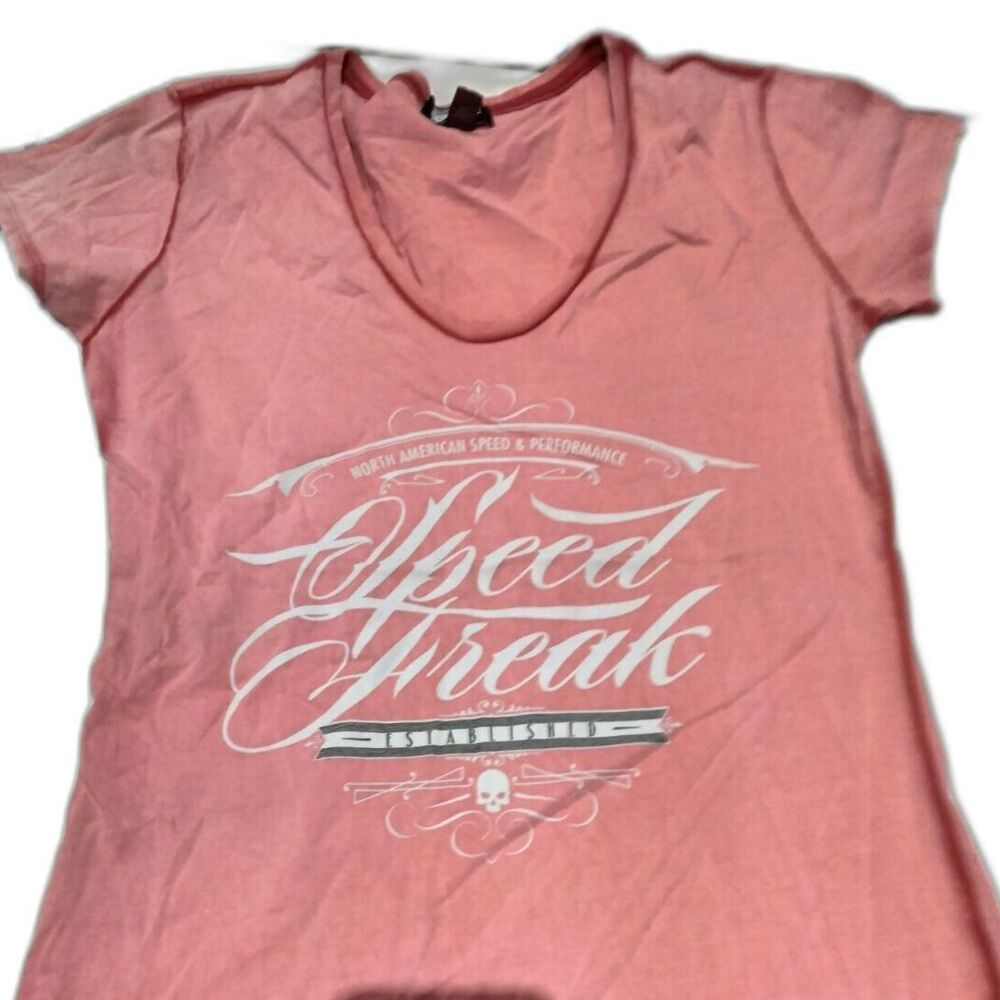 Speed Freak Women's Large Graphic T-shirt Pink Racing Hotrod Cruise Car Ratrod
